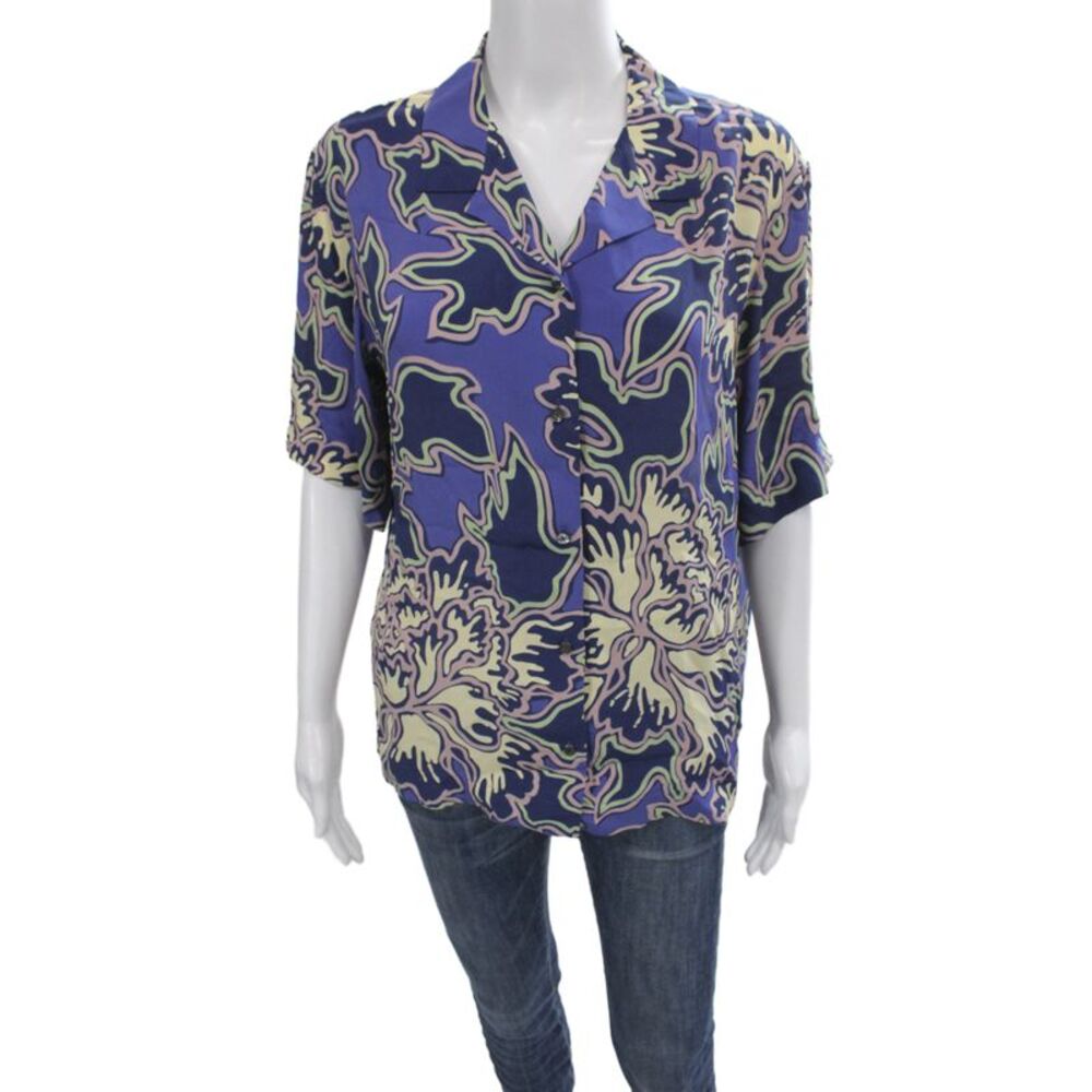 Closed Womens Kimono Blouse Blue Floral Collared Short Sleeve Button Size XS